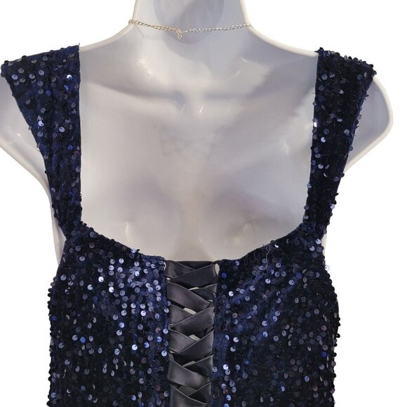 NWT Dark Navy Blue Sequin Evening Classic Sleeveless Corset Back Thigh Slit - Picture 4 of 15